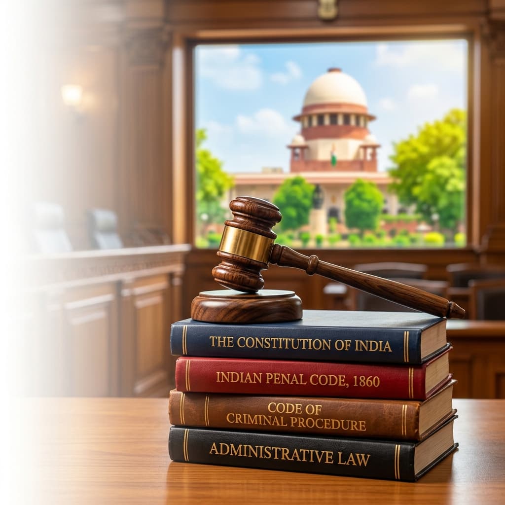Gavel on law books with Indian government building in background