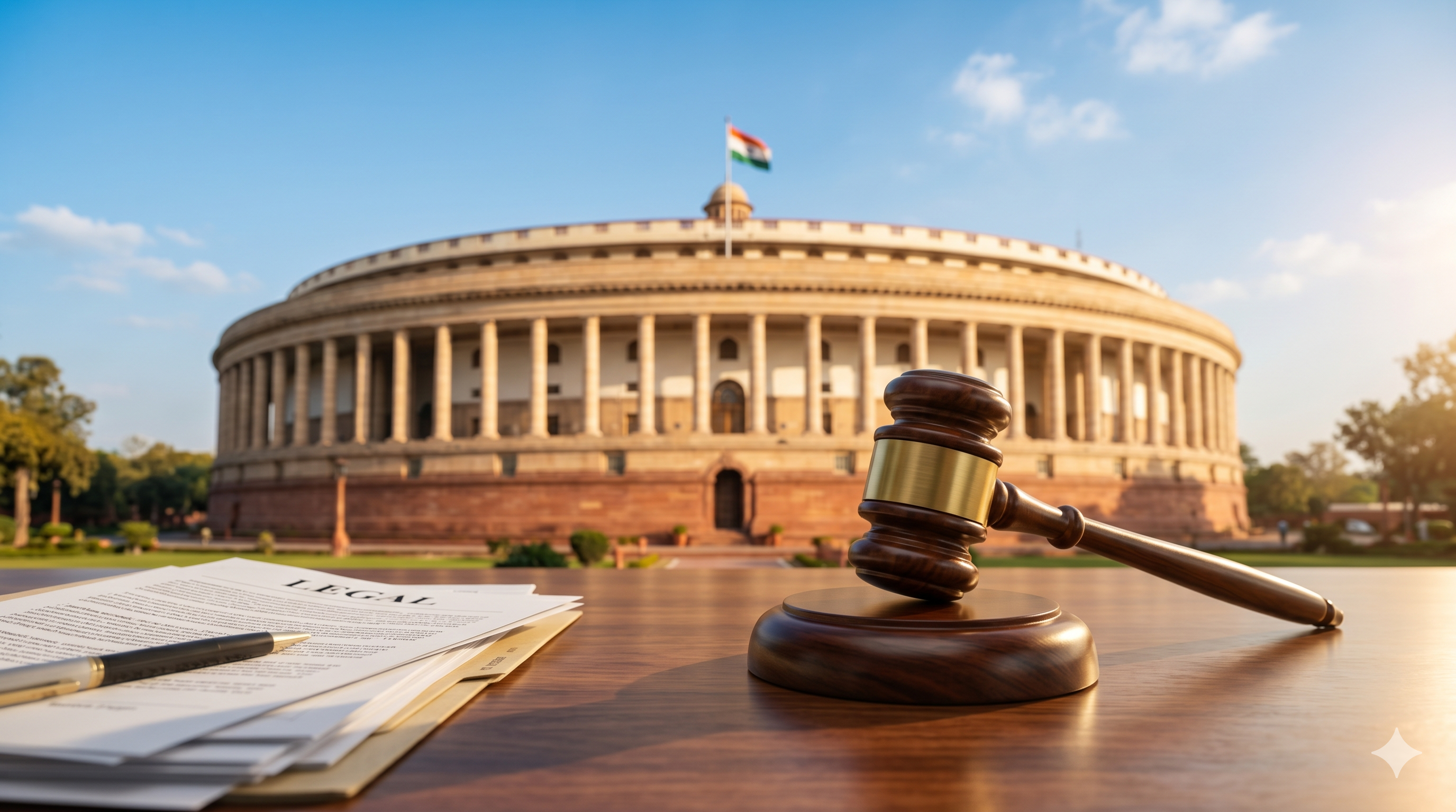 Parliament building with a gavel in the foreground